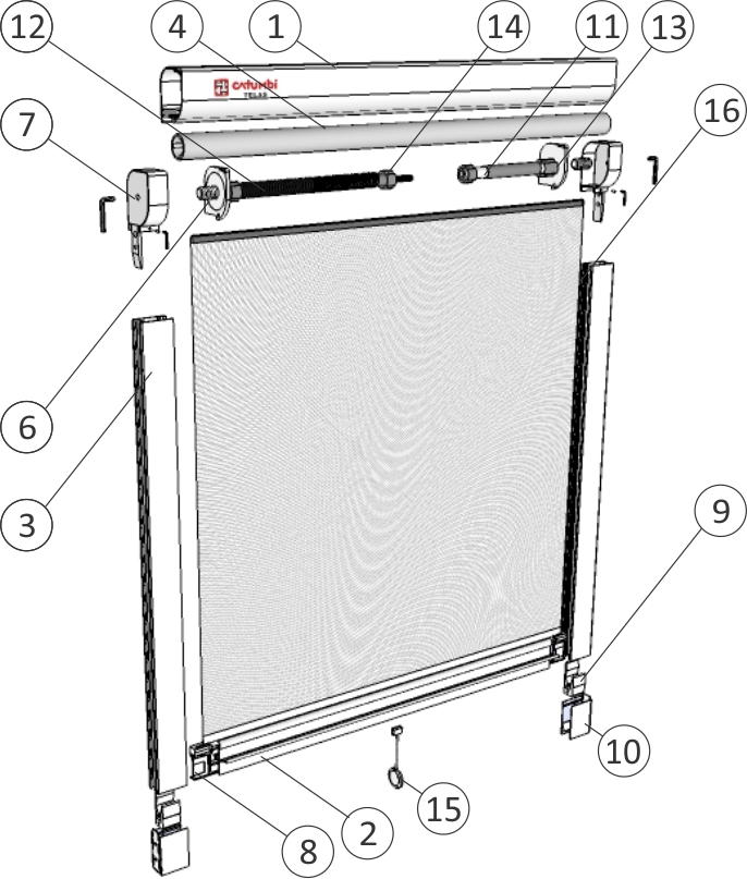 Imagem Explodida Mosquiteira Recolhível Vertical