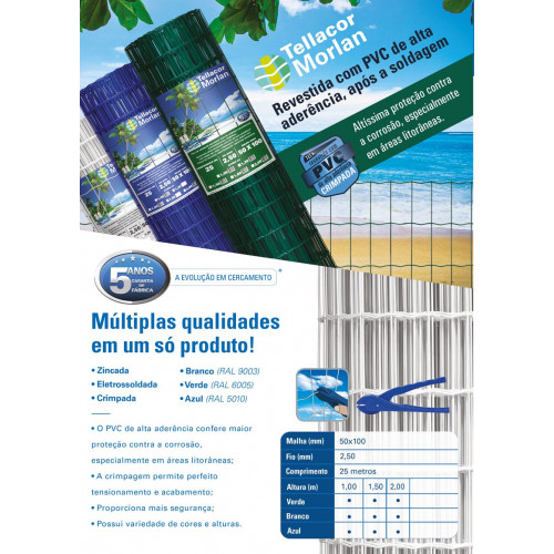 Tela Soldada Revestida em PVC Crimpada (preço por metro) Branco, Verde ou Azul 1m